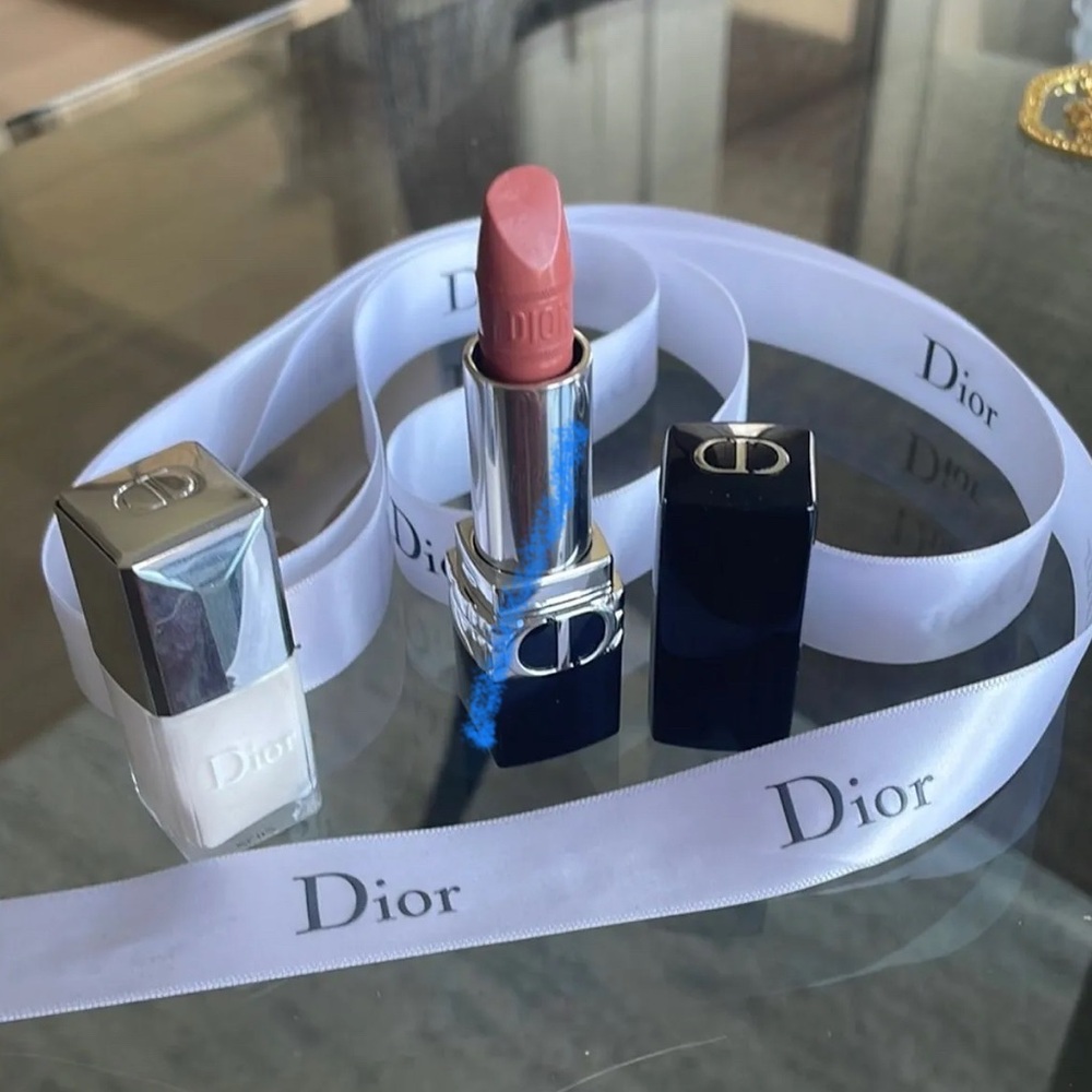 Dior #424 lipstick and White nail polish and 4ft Dior ribbon